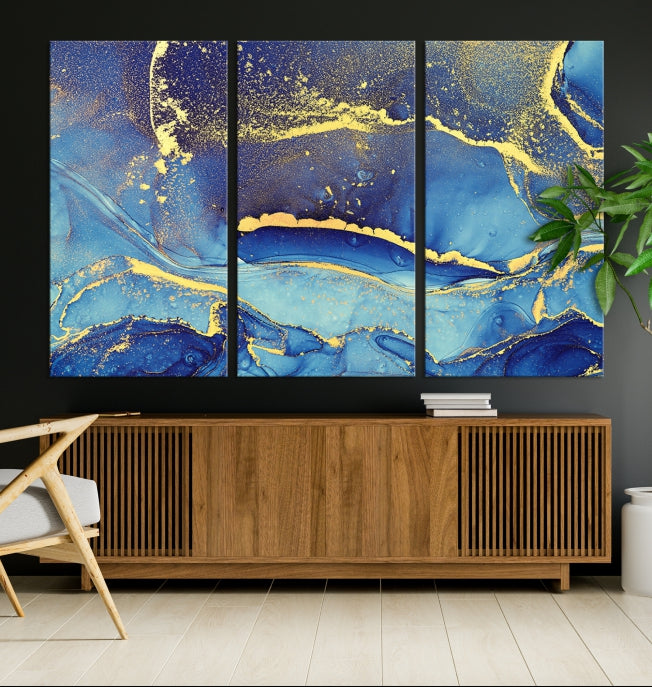 Gold Blue Modern Abstract Canvas Wall Art Print