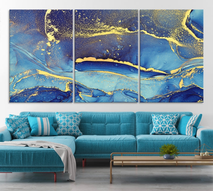 Gold Blue Modern Abstract Canvas Wall Art Print