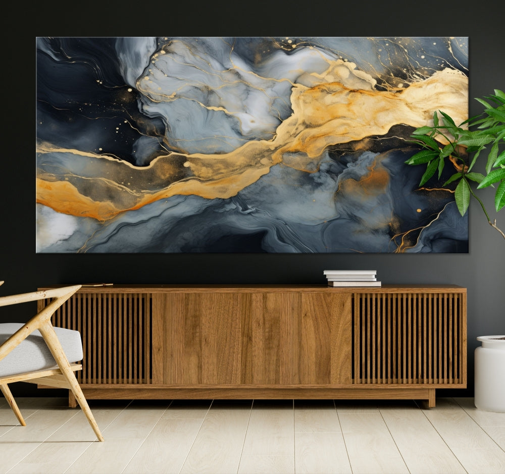 Gold Fluid Abstract Painting Canvas Wall Art Print Modern Decorative Artwork for Living Room