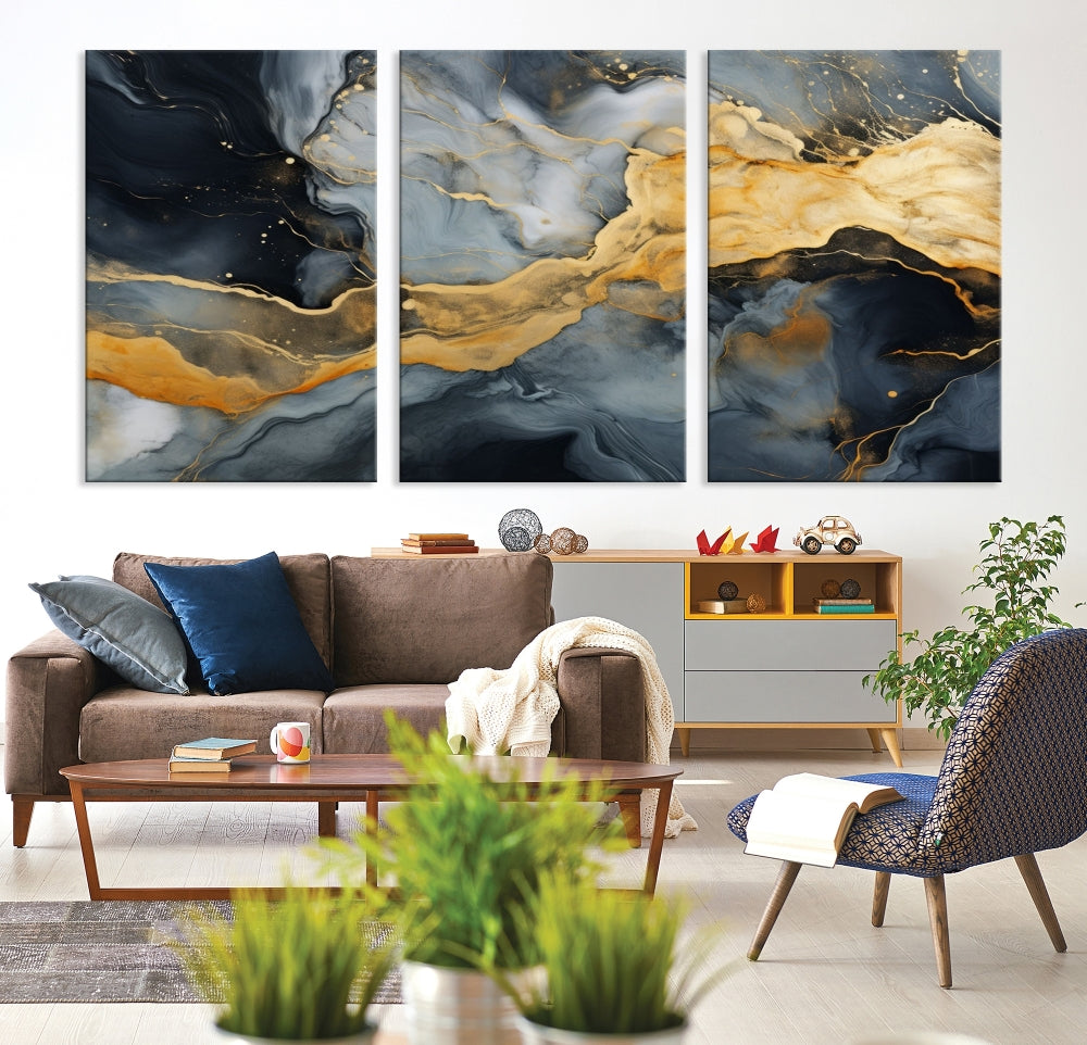 Gold Fluid Abstract Painting Canvas Wall Art Print Modern Decorative Artwork for Living Room