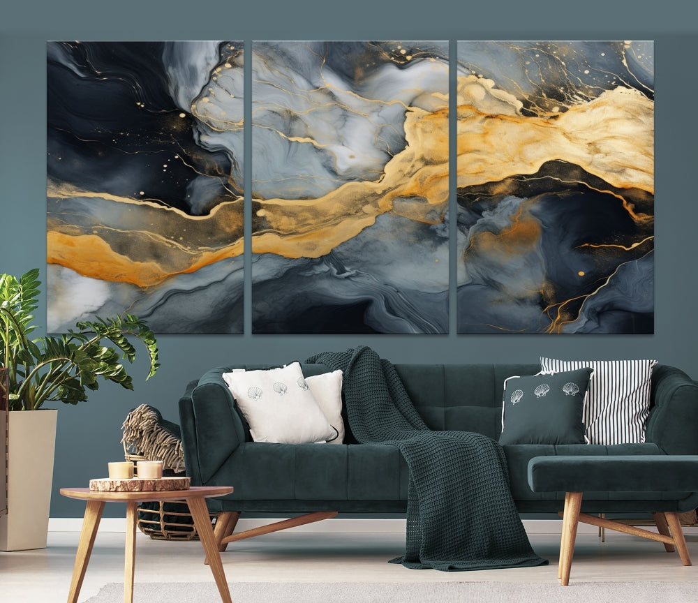 Gold Fluid Abstract Painting Canvas Wall Art Print Modern Decorative Artwork for Living Room