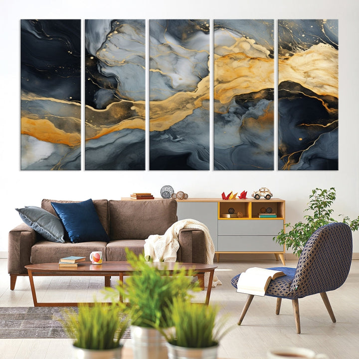 Gold Fluid Abstract Painting Canvas Wall Art Print Modern Decorative Artwork for Living Room