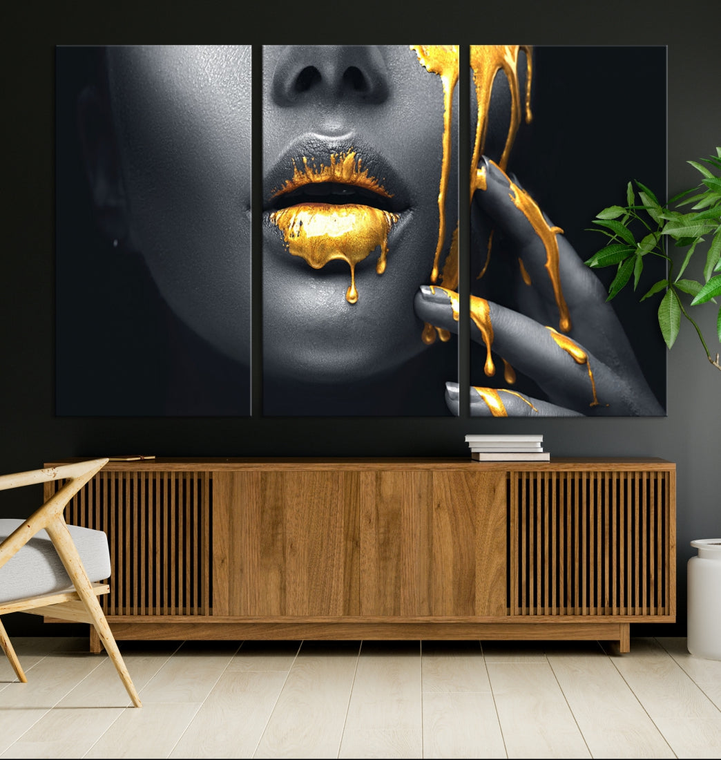 Gold Glitter Lips Makeup Photography Wall Art Canvas Print Black Sensual Artwork