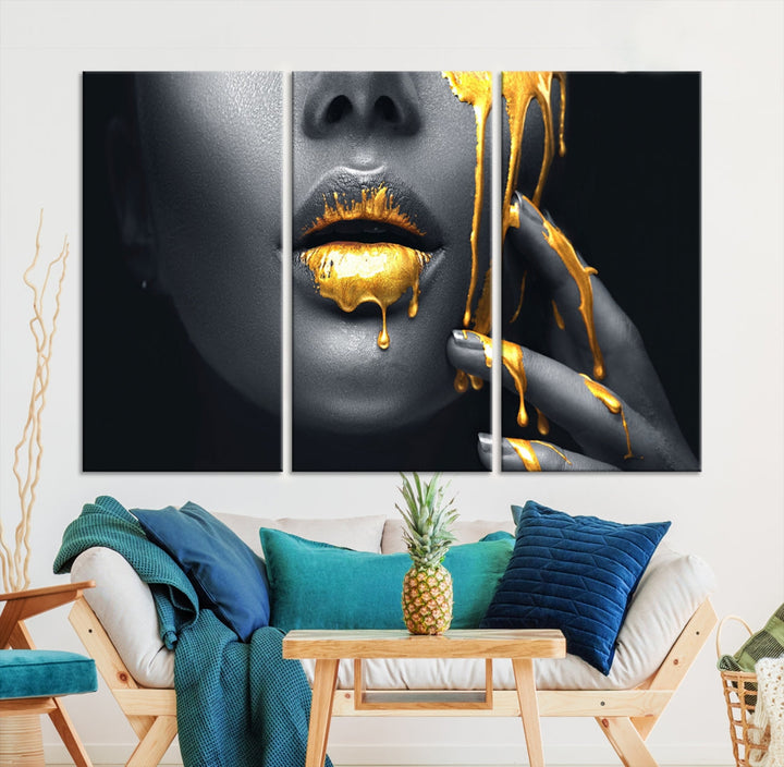 Gold Glitter Lips Makeup Photography Wall Art Canvas Print Black Sensual Artwork