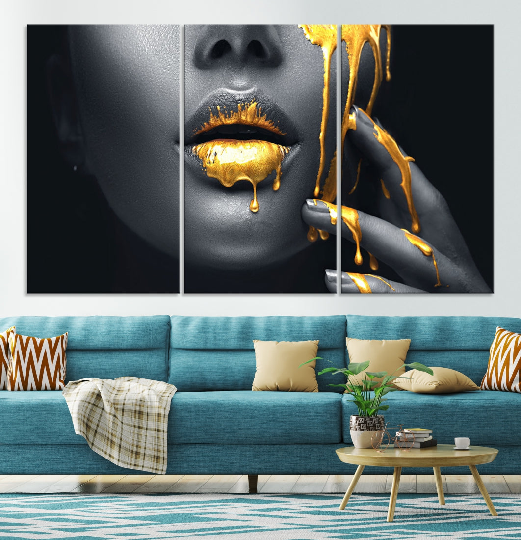 Gold Glitter Lips Makeup Photography Wall Art Canvas Print Black Sensual Artwork