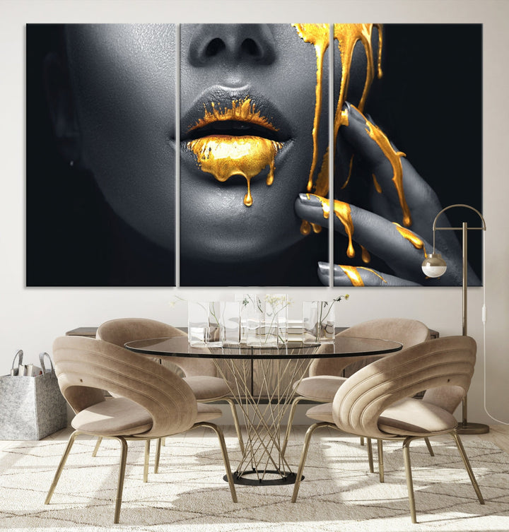 Gold Glitter Lips Makeup Photography Wall Art Canvas Print Black Sensual Artwork