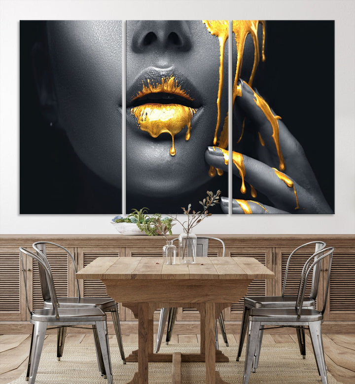 Gold Glitter Lips Makeup Photography Wall Art Canvas Print Black Sensual Artwork