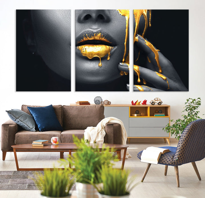 Gold Glitter Lips Makeup Photography Wall Art Canvas Print Black Sensual Artwork