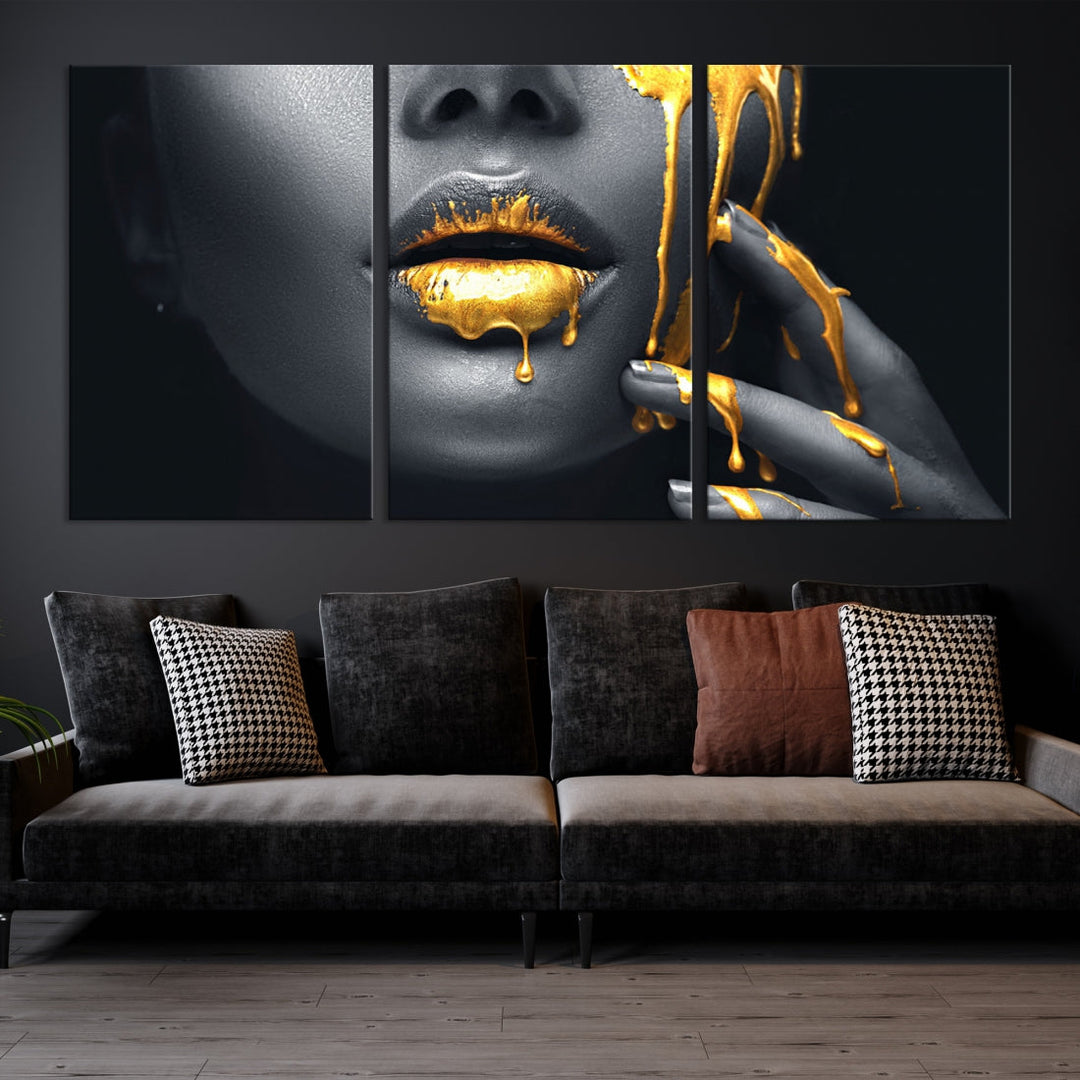 Gold Glitter Lips Makeup Photography Wall Art Canvas Print Black Sensual Artwork