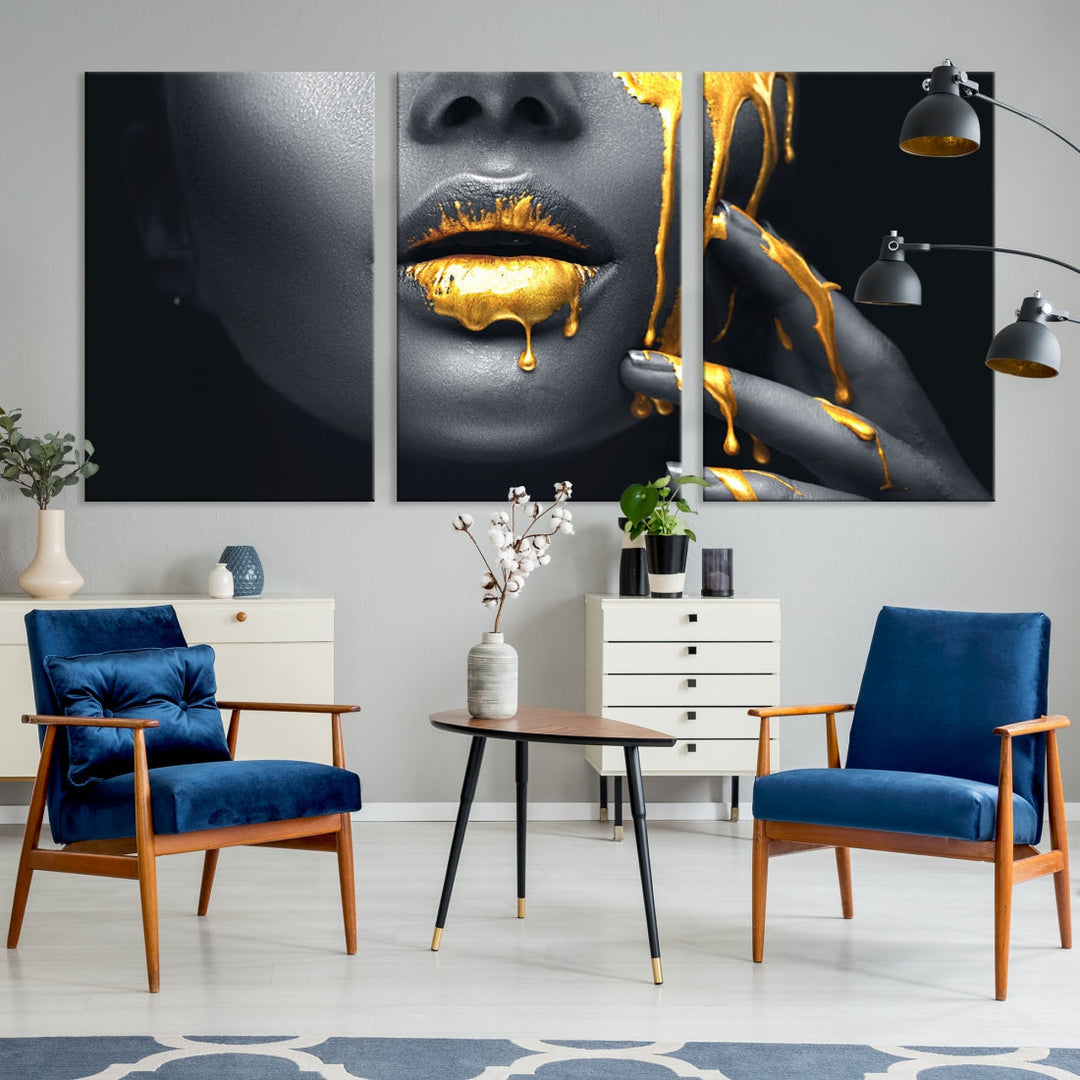 Gold Glitter Lips Makeup Photography Wall Art Canvas Print Black Sensual Artwork