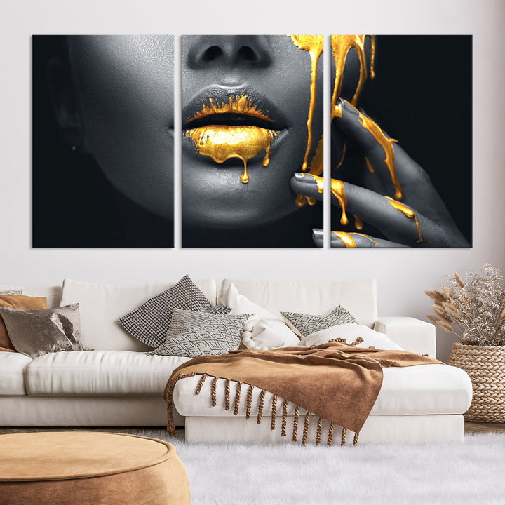 Gold Glitter Lips Makeup Photography Wall Art Canvas Print Black Sensual Artwork