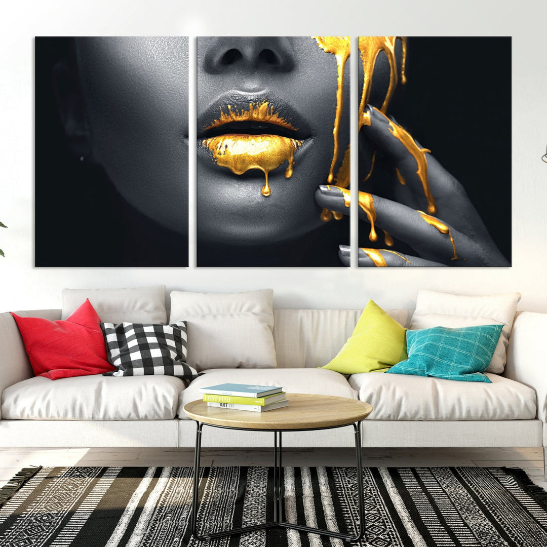 Gold Glitter Lips Makeup Photography Wall Art Canvas Print Black Sensual Artwork