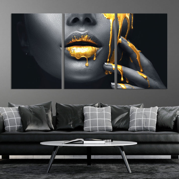 Gold Glitter Lips Makeup Photography Wall Art Canvas Print Black Sensual Artwork