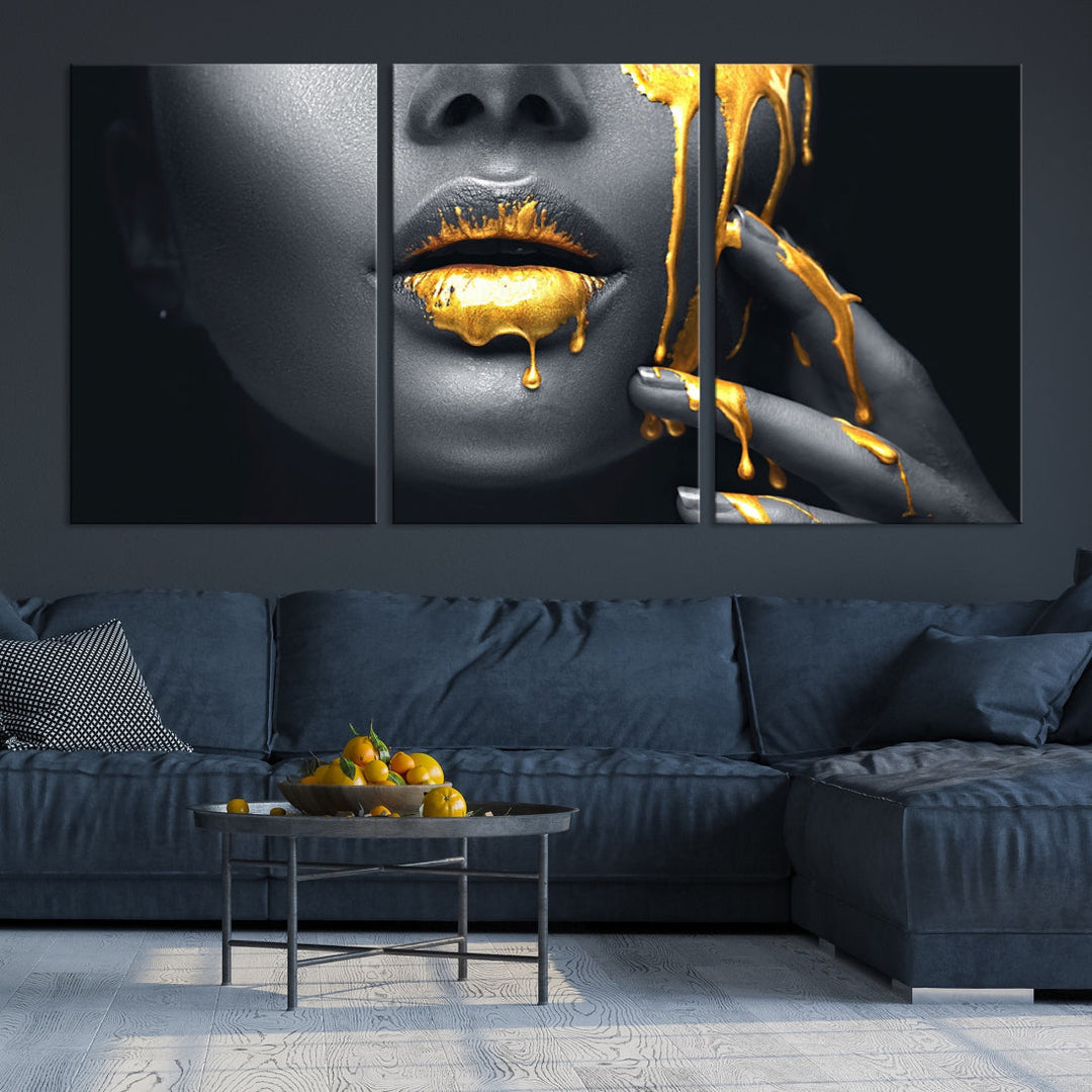 Gold Glitter Lips Makeup Photography Wall Art Canvas Print Black Sensual Artwork