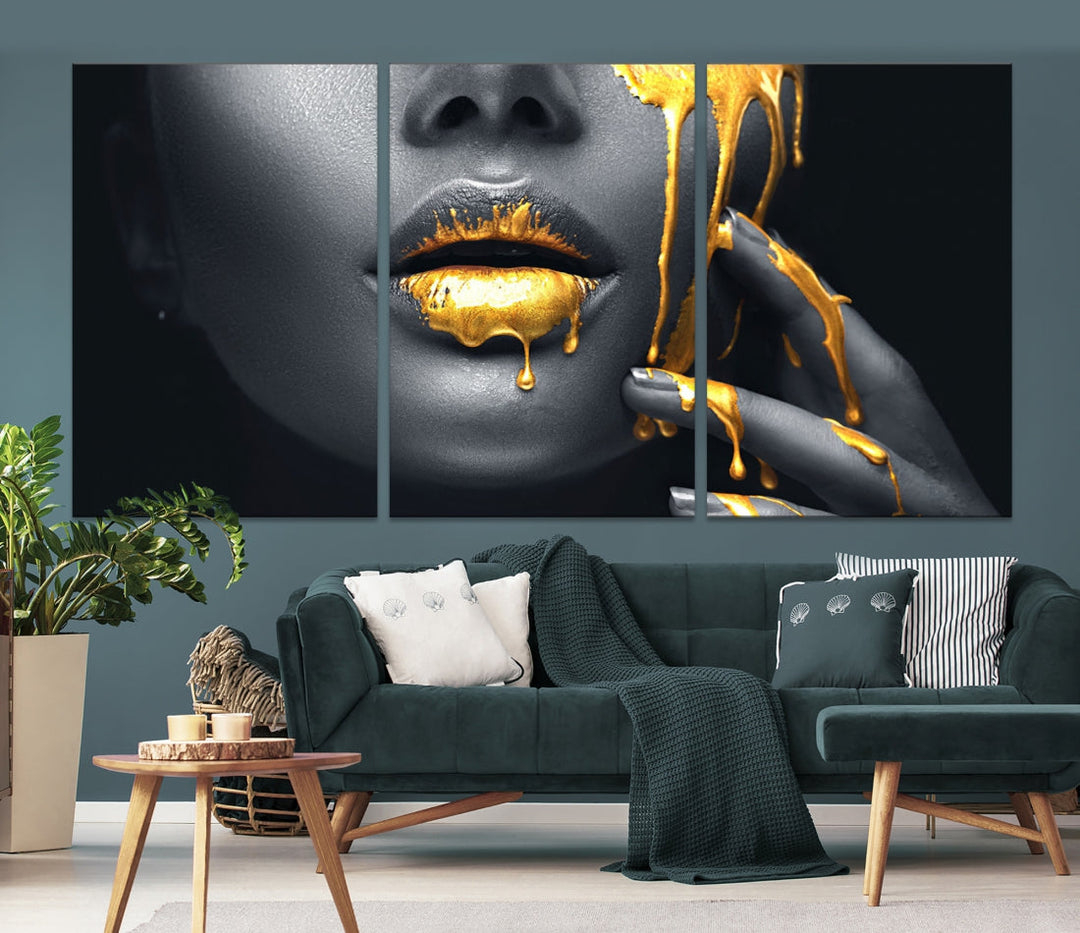 Gold Glitter Lips Makeup Photography Wall Art Canvas Print Black Sensual Artwork