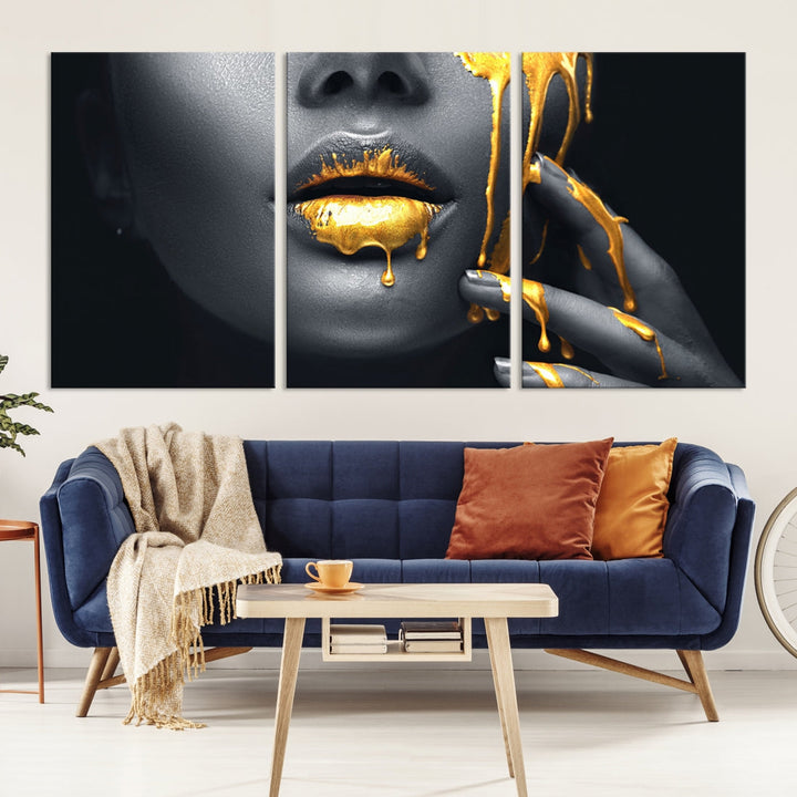 Gold Glitter Lips Makeup Photography Wall Art Canvas Print Black Sensual Artwork