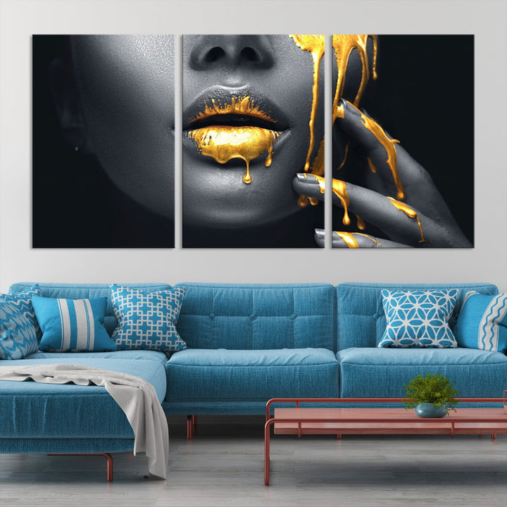 Gold Glitter Lips Makeup Photography Wall Art Canvas Print Black Sensual Artwork