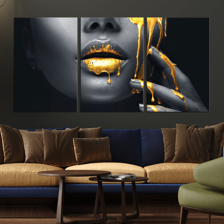 Gold Glitter Lips Makeup Photography Wall Art Canvas Print Black Sensual Artwork