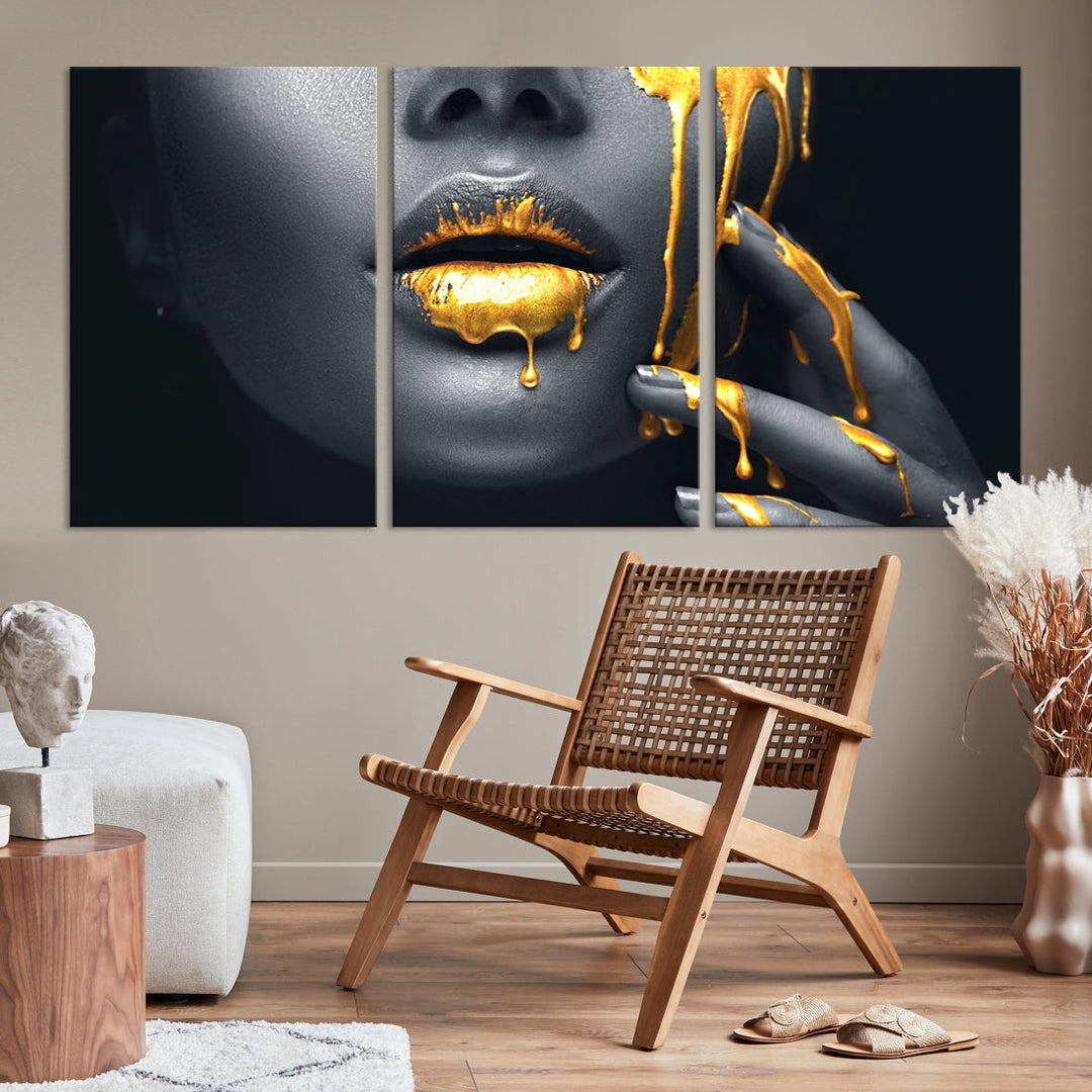 Gold Glitter Lips Makeup Photography Wall Art Canvas Print Black Sensual Artwork