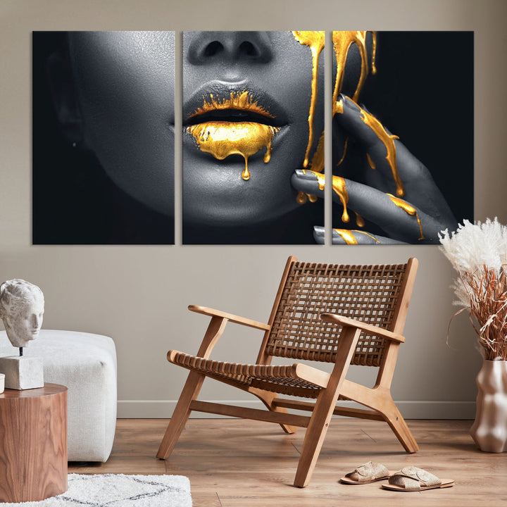 Gold Glitter Lips Makeup Photography Wall Art Canvas Print Black Sensual Artwork