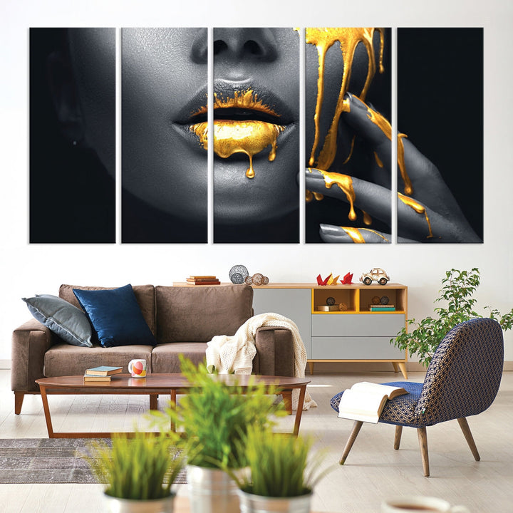 Gold Glitter Lips Makeup Photography Wall Art Canvas Print Black Sensual Artwork