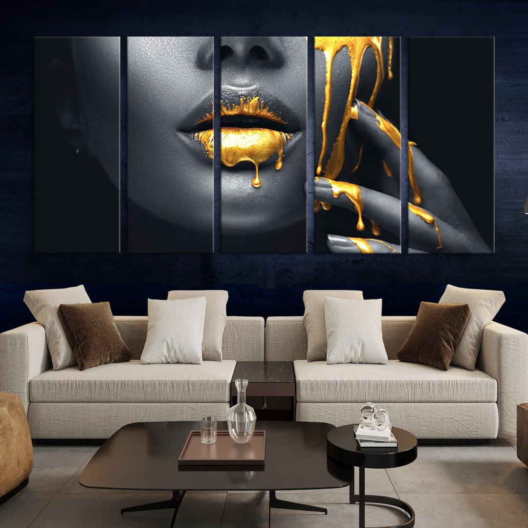 Gold Glitter Lips Makeup Photography Wall Art Canvas Print Black Sensual Artwork