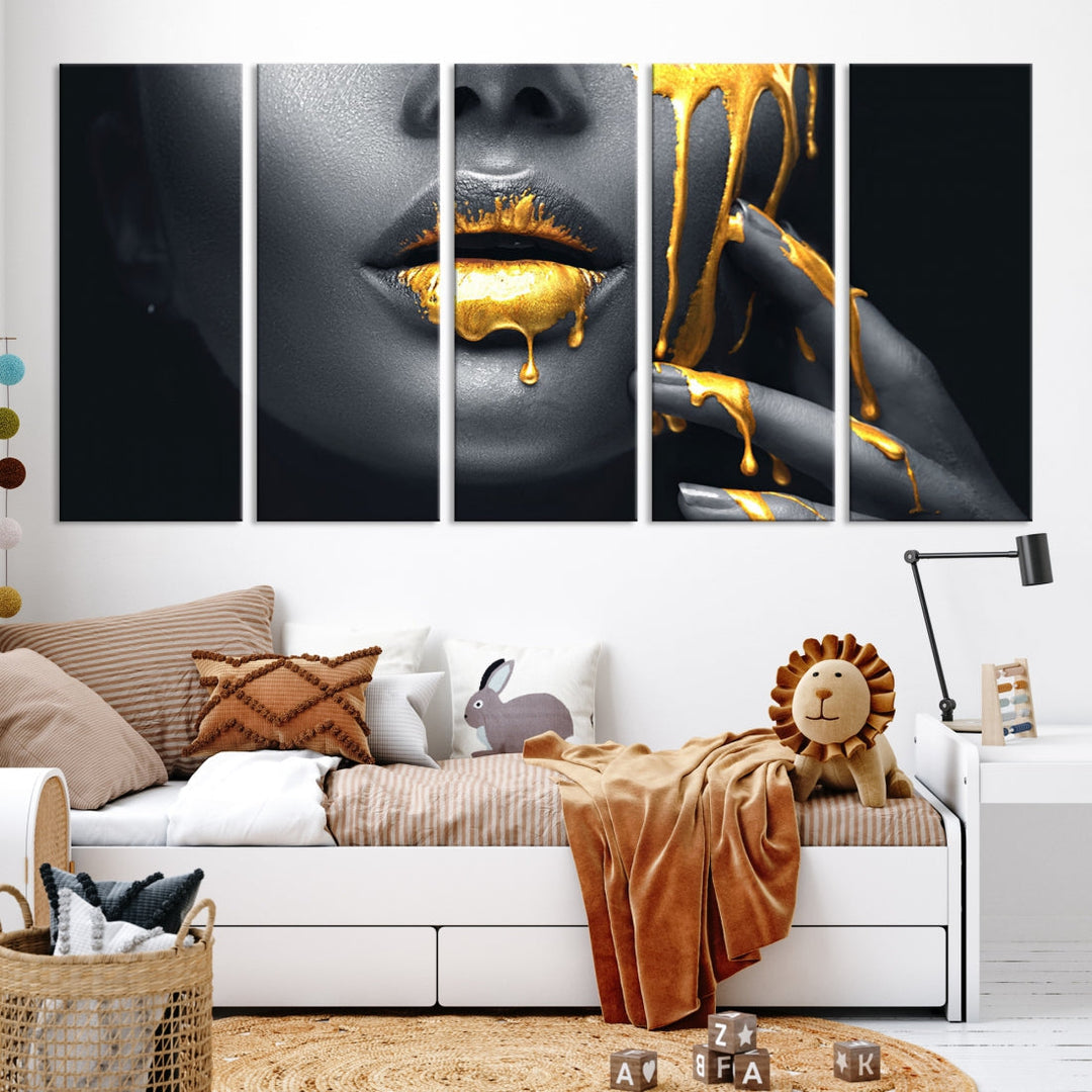 Gold Glitter Lips Makeup Photography Wall Art Canvas Print Black Sensual Artwork