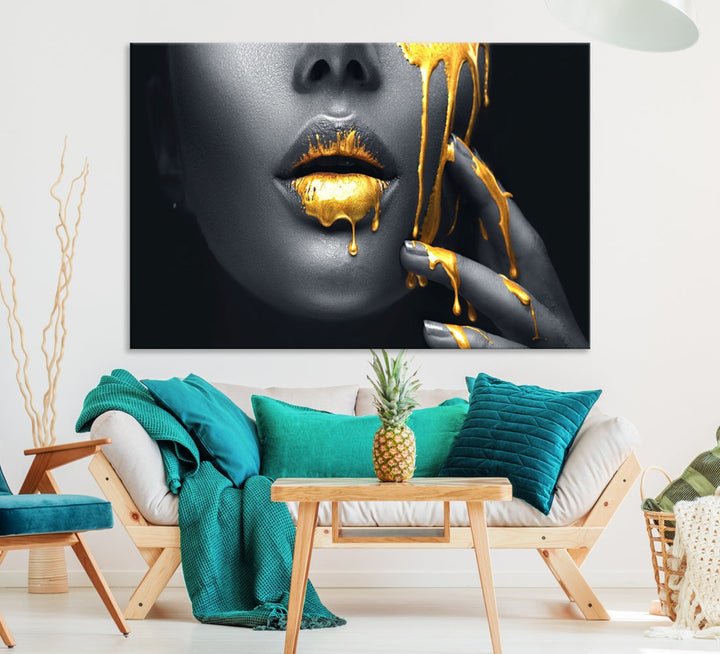 Gold Glitter Lips Makeup Photography Wall Art Canvas Print Black Sensual Artwork