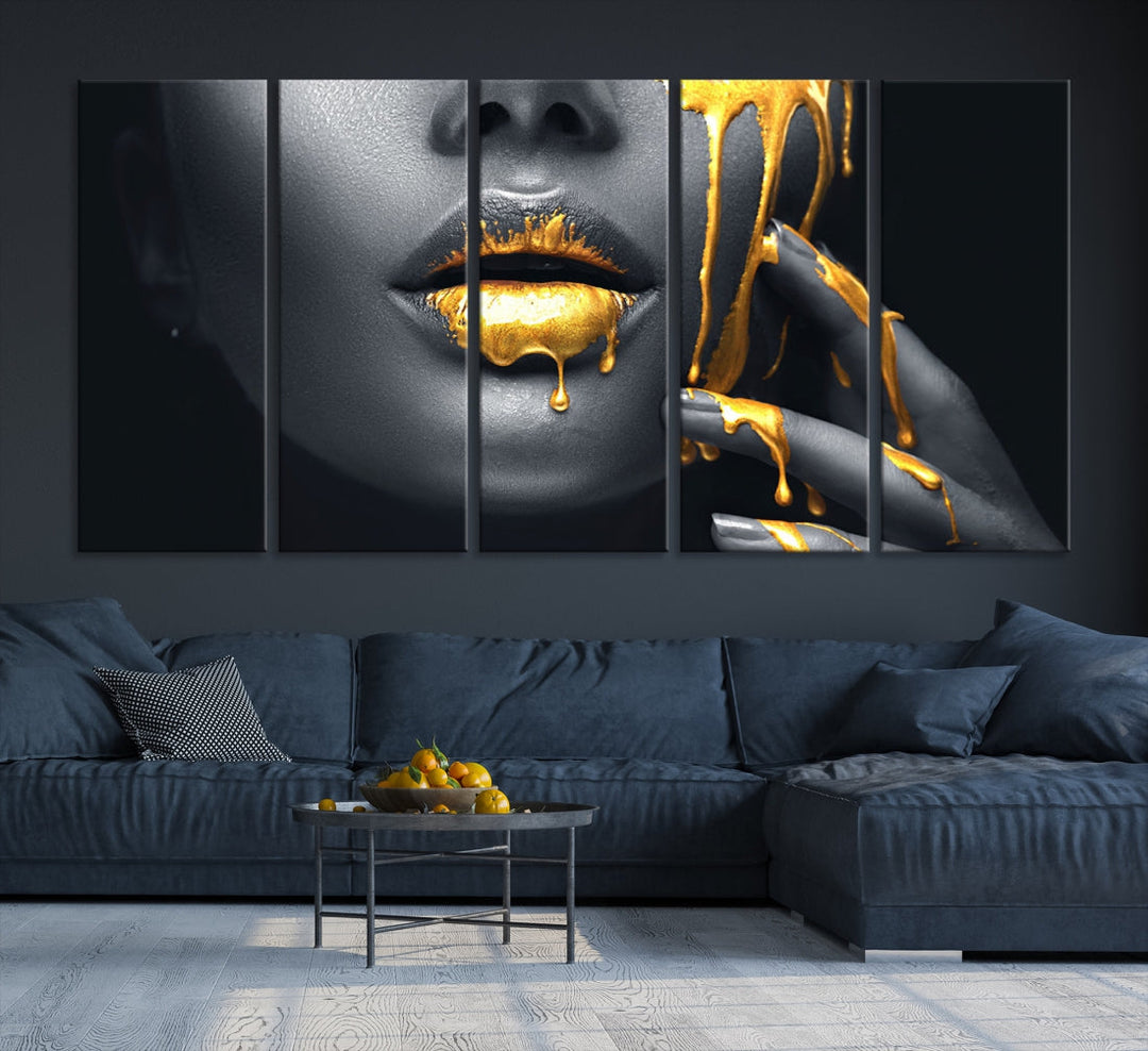 Gold Glitter Lips Makeup Photography Wall Art Canvas Print Black Sensual Artwork