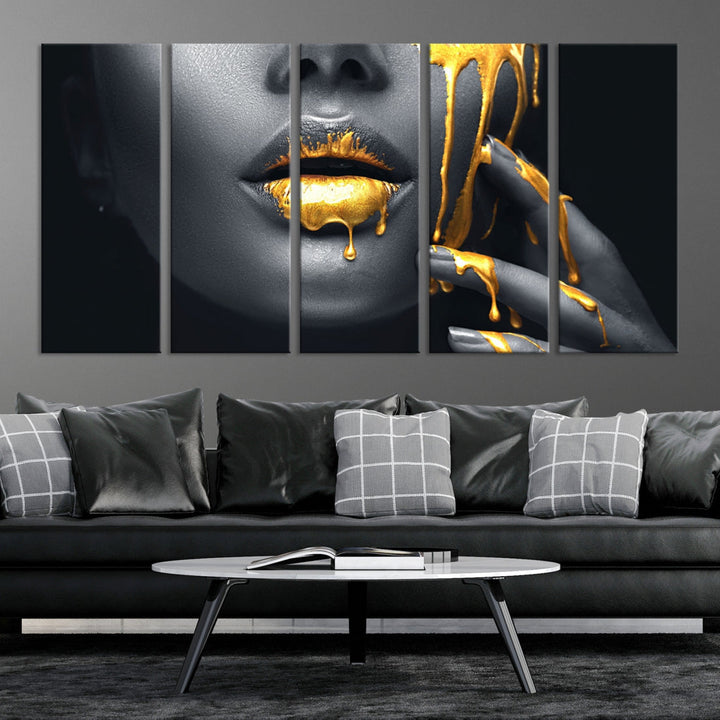 Gold Glitter Lips Makeup Photography Wall Art Canvas Print Black Sensual Artwork