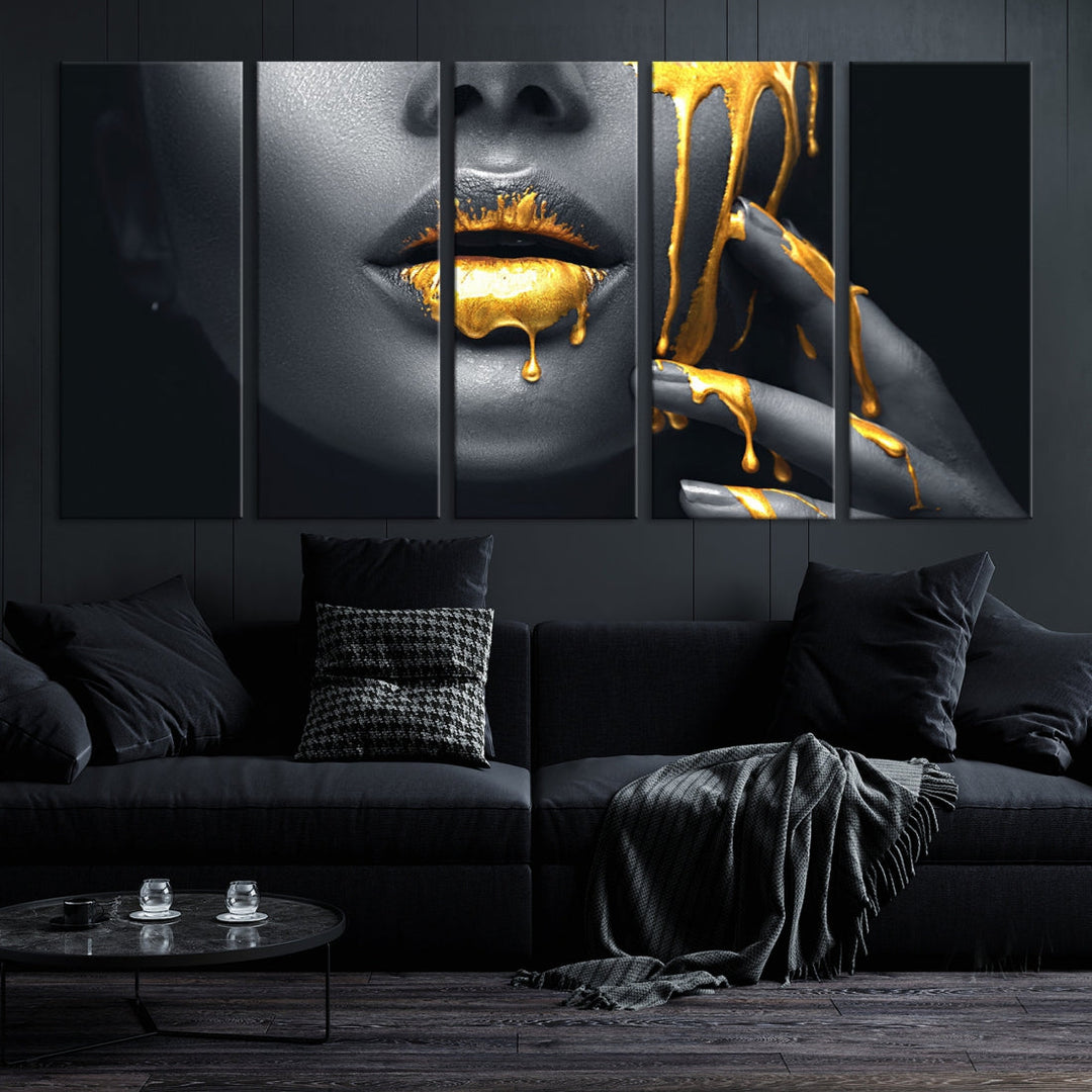 Gold Glitter Lips Makeup Photography Wall Art Canvas Print Black Sensual Artwork