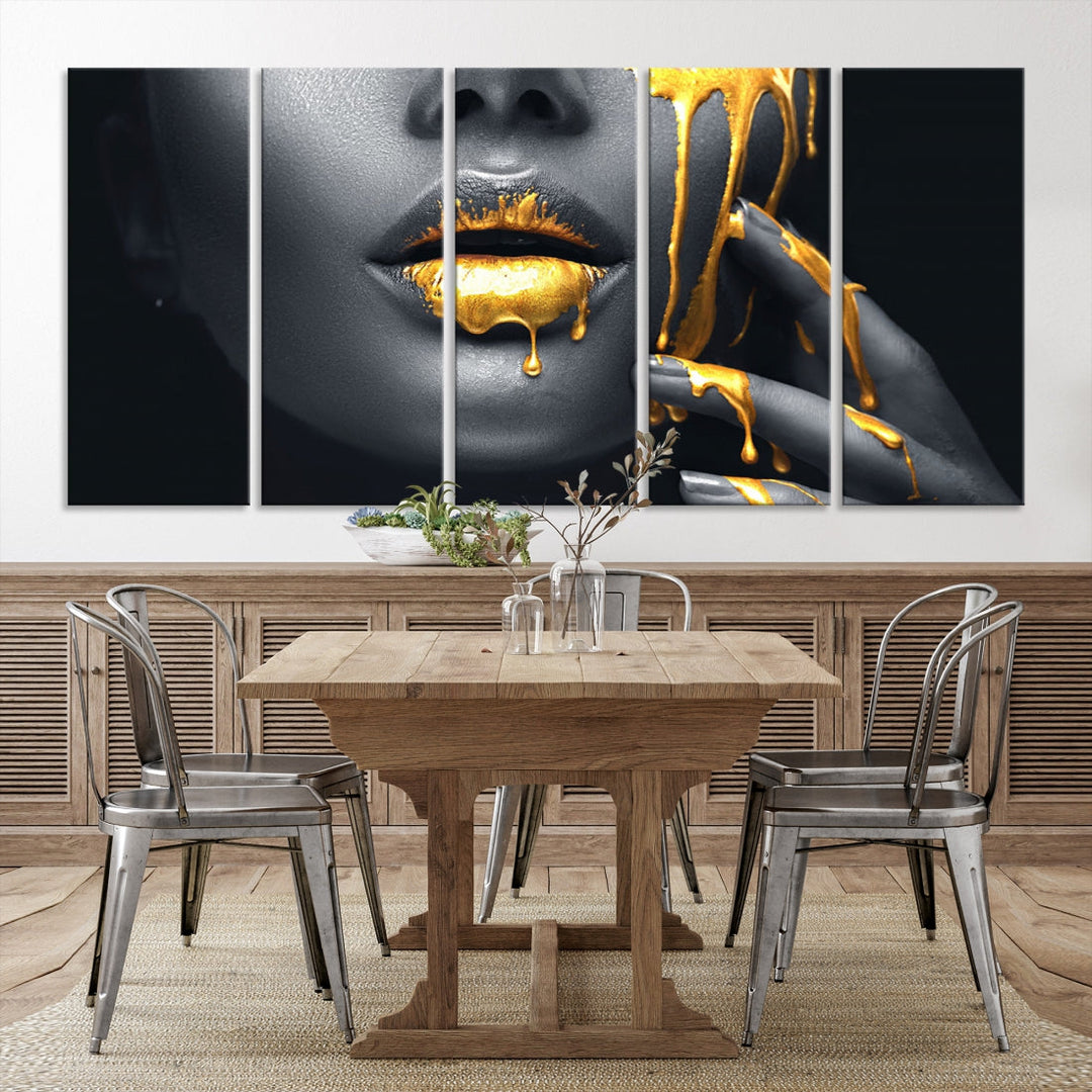 Gold Glitter Lips Makeup Photography Wall Art Canvas Print Black Sensual Artwork