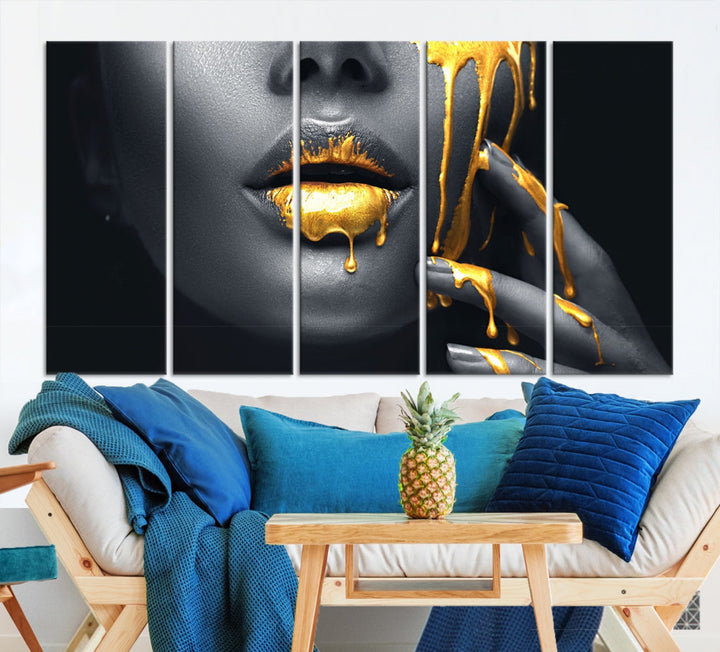 Gold Glitter Lips Makeup Photography Wall Art Canvas Print Black Sensual Artwork