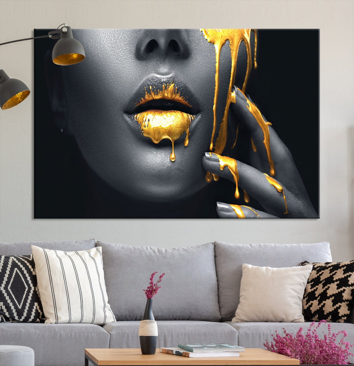 Gold Glitter Lips Makeup Photography Wall Art Canvas Print Black Sensual Artwork