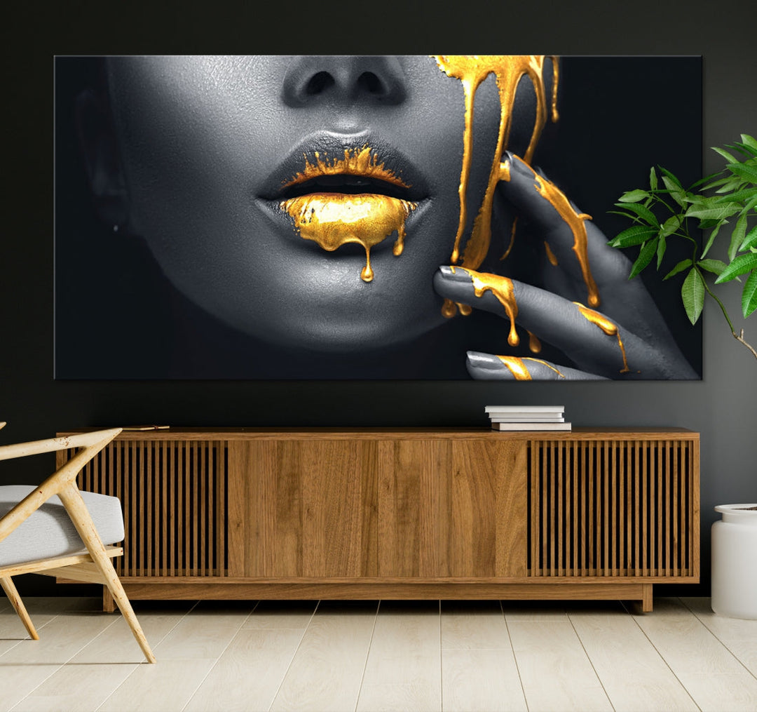 Gold Glitter Lips Makeup Photography Wall Art Canvas Print Black Sensual Artwork