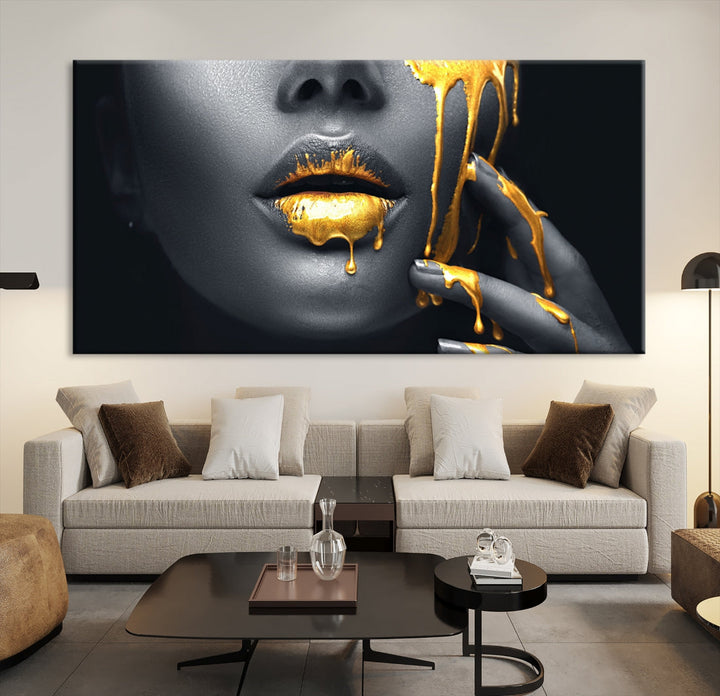 Gold Glitter Lips Makeup Photography Wall Art Canvas Print Black Sensual Artwork