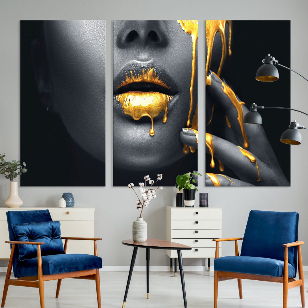 Gold Glitter Lips Makeup Photography Wall Art Canvas Print Black Sensual Artwork