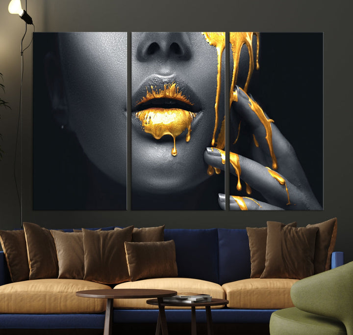 Gold Glitter Lips Makeup Photography Wall Art Canvas Print Black Sensual Artwork