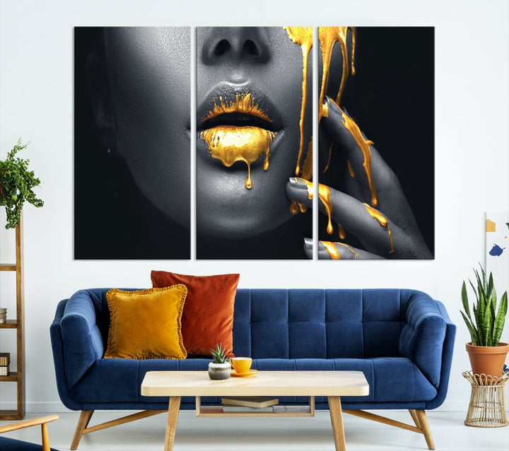 Gold Glitter Lips Makeup Photography Wall Art Canvas Print Black Sensual Artwork