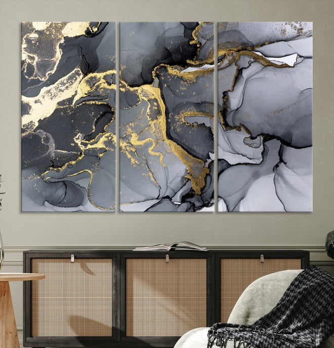 Gold Gray Marble Fluid Effect Wall Art Large Abstract Canvas Print