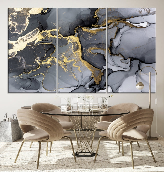 Gold Gray Marble Fluid Effect Wall Art Large Abstract Canvas Print