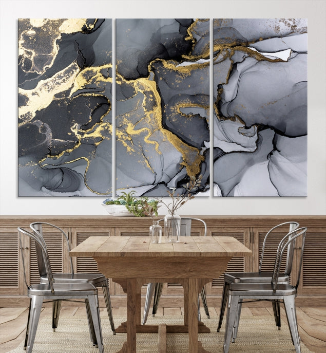 Gold Gray Marble Fluid Effect Wall Art Large Abstract Canvas Print