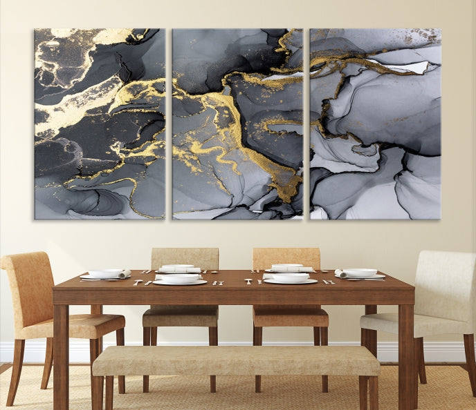 Gold Gray Marble Fluid Effect Wall Art Large Abstract Canvas Print