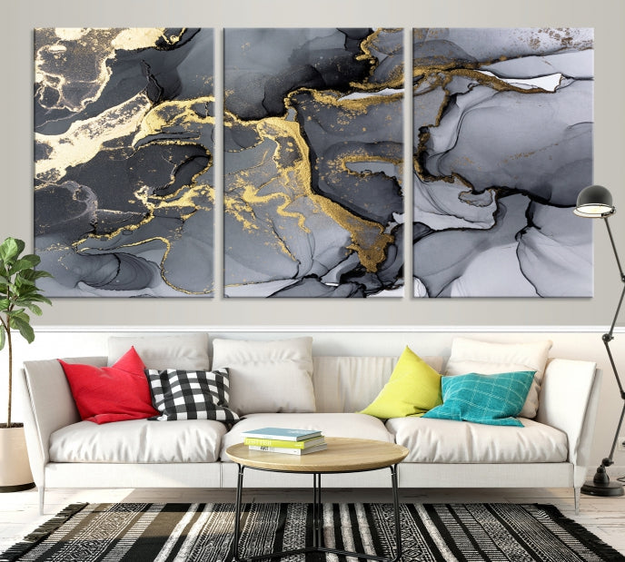 Gold Gray Marble Fluid Effect Wall Art Large Abstract Canvas Print