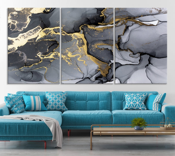 Gold Gray Marble Fluid Effect Wall Art Large Abstract Canvas Print