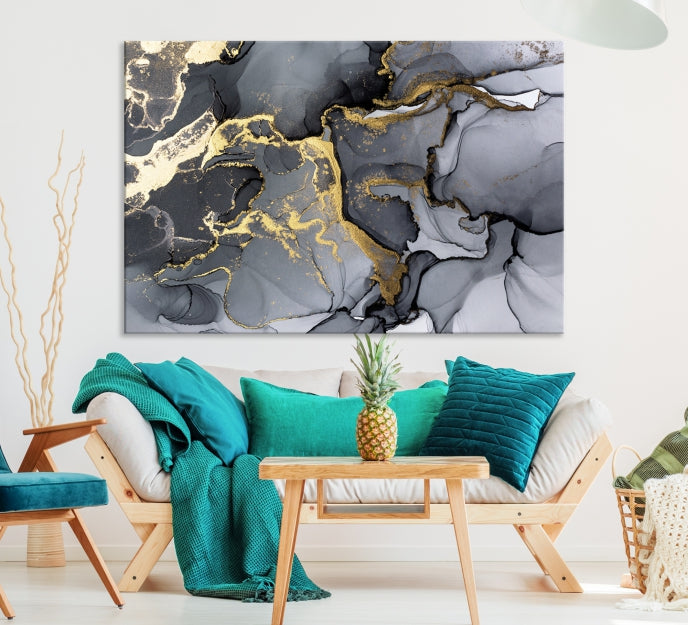 Gold Gray Marble Fluid Effect Wall Art Large Abstract Canvas Print