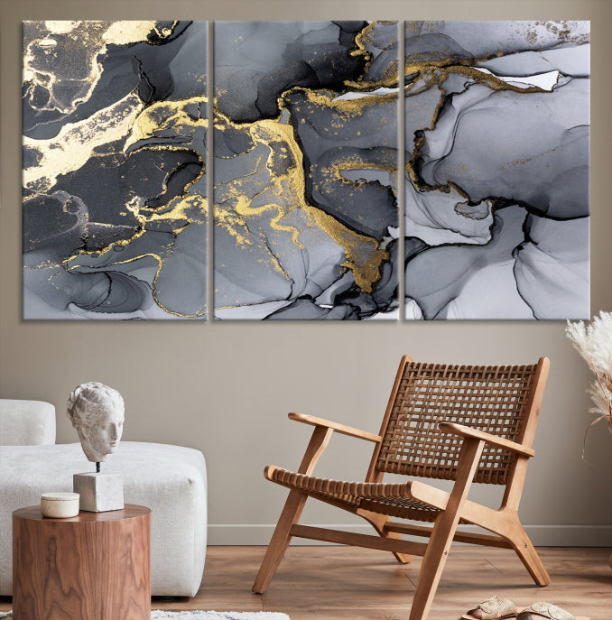 Gold Gray Marble Fluid Effect Wall Art Large Abstract Canvas Print