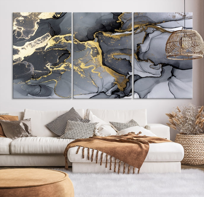 Gold Gray Marble Fluid Effect Wall Art Large Abstract Canvas Print