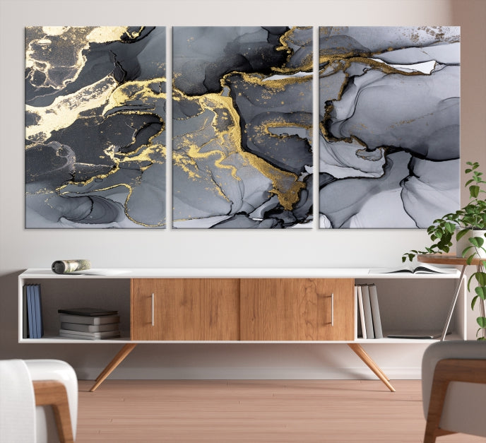 Gold Gray Marble Fluid Effect Wall Art Large Abstract Canvas Print