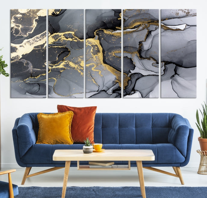 Gold Gray Marble Fluid Effect Wall Art Large Abstract Canvas Print